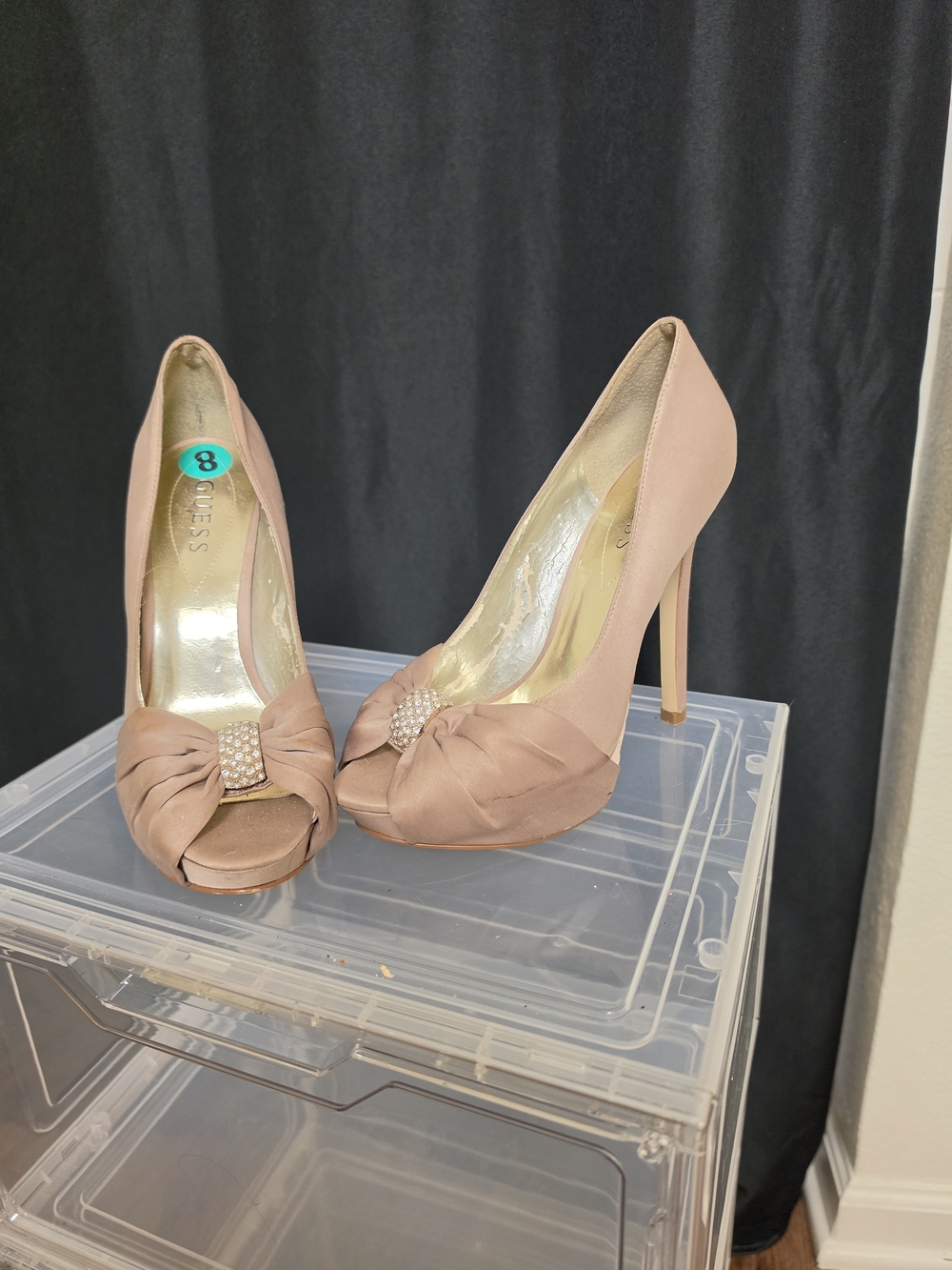 Guess Blush Pink Peep-Toe Stiletto Heels with Knot & Crystal Accent